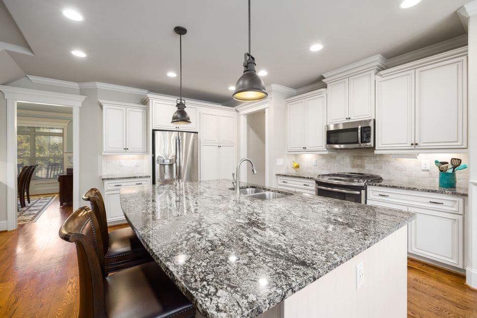 Granite countertop on a kitchen island